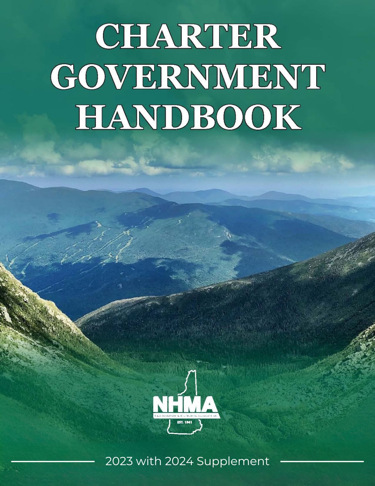 photo of white mountains of the new hampshire with 'Charter Government Handbook' in white